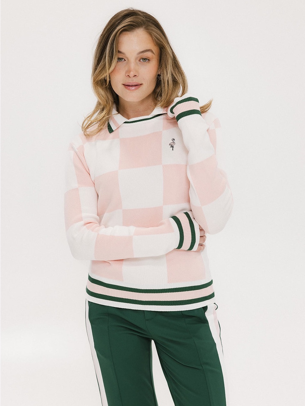 Fore All Pink White Checked Dorothy Sweater Size XS Golf Tennis Preppy Flamingo
